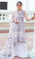 - Chikan embroidered and pearl embellished lawn for front - Chikan embroidered lawn for back - Embroidered lawn for sleeves - Embellished neckline motif with 3D flowers and fur - Chikan embroidered border for front and back with pearl embellishments - Embroidered floral lace - Embroidered white lace for finishing - Embroidered net dupata with chikan embroidered borders - 3D flowers - Pearls for finishing - Cotton trousers