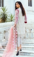 - Chikan Embroidered cotton net front and back - Heavily embroidered and hand embellished front - Embroidered and embellished sleeves - Pani embroidered pati for neckline - Pani embroidered border for front and back hemline - Embroidered border for front - Cotton silk slip - Jamawar trousers - Embroidered organza dupatta with pani border - Pearls for shirt finishing - Gold metallic balls for finishing