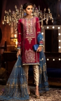 -Embroidered and hand embellished front panel on velvet (1 m) -Embroidered and hand embellished side panels on velvet (2) -Plain velvet back (1.25 m) -Embroidered velvet for sleeves (0.75 m) -Embroidered finishing lace for front and  back hem (1.5 m) -Embroidered net and organza dupatta  (2.5 m) -Jamawar trousers (2.5 m) -Blue satin silk for finishing -Kirin lace for shirt hem & sleeves (2.3 m) -Golden lappa for detailing (2.3 m)