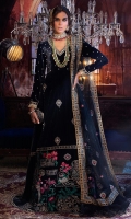 -Embroidered and hand embellished front panel on velvet (0.75 m) -Embellished lace for neckline (0.75 m) -Embroidered velvet for front and back hem (1.3 m) -Peal embellished velvet for sleeves (0.75 m) -Pearl embellished velvet for front and back yoke (1.25 m) -Dyed velvet for back (1 m) -Embroidered finishing lace for shirt (2.5 m) -Embroidered net dupatta (2.5 m) -Raw silk trousers (2.5 m) -Kirin lace for sleeves finishing (0.75 m)
