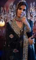 -Embroidered and hand embellished front panel on velvet (0.75 m) -Embellished lace for neckline (0.75 m) -Embroidered velvet for front and back hem (1.3 m) -Peal embellished velvet for sleeves (0.75 m) -Pearl embellished velvet for front and back yoke (1.25 m) -Dyed velvet for back (1 m) -Embroidered finishing lace for shirt (2.5 m) -Embroidered net dupatta (2.5 m) -Raw silk trousers (2.5 m) -Kirin lace for sleeves finishing (0.75 m)
