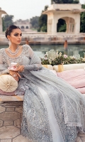 -Embroidered and sequinned chiffon for front and back -Embroidered and sequinned chiffon for sleeves -Embellished and hand embellished yoke on chiffon -Embroidered and sequinned chiffon for back yoke -Embroidered and pani embellished border for shirt -Embroidered and sequinned border for sleeves -Embroidered and sequinned patti for finishing -Silver ladder lace for panel inserts -Embroidered and sequinned net dupata -Kiran lace for dupata finishing -Raw silk trousers -Cotton silk undershirt -Crystals for finishing