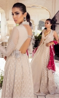 -Embroidered and sequinned chiffon for front and back -Embroidered and sequinned chiffon for sleeves -Embroidered and hand embellished chiffon for front yoke -Embellished pati for neckline -Embellished motifs for sleeves -Dyed chiffon for back yoke -Embroidered and sequinned border for shirt -Embroidered and sequinned border for sleeves -Pani embellished patti for finishing -Embroidered 3D flowers -Sequinned chiffon dupata -Kiran lace for dupata finishing -Raw silk trousers -Cotton silk undershirt -Pearls for finishing -Dimante balls for neckline