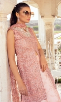 -Embroidered and sequinned chiffon for front and back -Embroidered and sequinned chiffon for sleeves -Embellished neckline -Embellished motifs for sleeves -Embroidered and pani Embellished border for shirt -Embroidered and pani Embellished patti for shirt -Embellished and sequinned patti for finishing -Crochet lace for finishing -Ladder lace for border insert -Embroidered and sequinned net dupata -Raw silk trousers -Cotton silk undershirt -Pearls for finishing