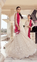 -Embroidered and sequinned chiffon for front and back -Embroidered and sequinned chiffon for sleeves -Embroidered and hand embellished chiffon for front yoke -Embellished pati for neckline -Embellished motifs for sleeves -Dyed chiffon for back yoke -Embroidered and sequinned border for shirt -Embroidered and sequinned border for sleeves -Pani embellished patti for finishing -Embroidered 3D flowers -Sequinned chiffon dupata -Kiran lace for dupata finishing -Raw silk trousers -Cotton silk undershirt -Pearls for finishing -Dimante balls for neckline
