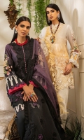 -Digital print front, back and sleeves -Embroidered organza dupatta center -Embroidered organza pallu -Embroidered floral border for shirt -Embroidered patch for shirt -Embroidered neckline -Dyed trouser -Crystals for neckline (30) -3D embroidered flowers for dupatta and shirt (80)  *Dupatta finishing was used for styling only, it is not included in the package.