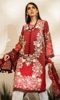 -Gradient printed embroidered front -Digital printed back and sleeves -Digital print chiffon dupatta -Dyed trousers -Embroidered patches for shirt (2) -Embroidered border for hem -3D embroidered flowers (24) -Buttons for sleeves styling (16) -Red balls for neckline (8) -Balls for hemline (11)  *Dupatta finishing was used for styling only, it is not included in the package.