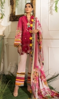 -Embroidered front -Digital printed back and sleeves -Digital print silk dupatta -Dyed trousers -Printed border for trouser -Embroidered lace for styling -Embroidered 3D assorted flowers (50) -Pearls (40)
