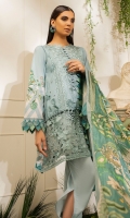 -Chikan embroidered front -Digital printed back and sleeves -Digital print pure silk dupatta -Dyed trousers -Embroidered border for hem -Embroidered neckline -Embroidered lace for finishing -Circle lace for styling -Buttons (18) -Balls for neckline (8) -3D embroidered flowers (30)  *Dupatta finishing was used for styling only, it is not included in the package.