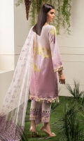 -Digital print and embroidered front -Digital printed back and sleeves -Embroidered dupatta pallu -Embroidered dupatta center -Dyed trousers -Printed border for trouser -Lace for finishing -Pearls for dupatta borders (80) -3D Embroidered flowers (25)