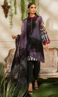 -Digital print front, back and sleeves -Embroidered organza dupatta center -Embroidered organza pallu -Embroidered floral border for shirt -Embroidered patch for shirt -Embroidered neckline -Dyed trouser -Crystals for neckline (30) -3D embroidered flowers for dupatta and shirt (80)  *Dupatta finishing was used for styling only, it is not included in the package.