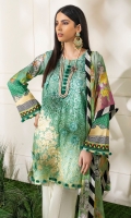 -Digital printed and embroidered front -Digital printed back and sleeves -Digital print chiffon dupatta -Dyed trousers -Printed border for trouser -Embroidered floral patches for front (2) -3D assorted embroidered flowers (22) -Balls for neckline (10)  *Dupatta finishing was used for styling only, it is not included in the package.
