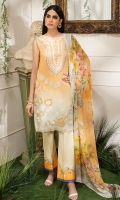 -Gradient dyed embroidered front -Digital print back and sleeves -Digital print chiffon dupatta -Dyed trousers -Printed border for trouser -Embroidered 3D assorted flowers (28) -Embroidered lace for hem and styling -Buttons (10) -Pearls for finishing (40)  *Dupatta finishing was used for styling only, it is not included in the package.