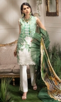-Embroidered front -Digital printed back and sleeves -Digital print chiffon dupatta -Dyed trousers -Dyed fabric for shirt styling -Embroidered lace for sleeves -3D embroidered flowers (10) -3 D embroidered butterfly (2) -Embroidered leaves for styling -Pearls (40)  *Dupatta finishing was used for styling only, it is not included in the package.