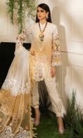 -Digital print front, back and sleeves -Embroidered organza dupatta center -Embroidered organza pallu -Embroidered floral border for shirt -Embroidered patch for shirt -Embroidered neckline -Dyed trouser -Pearls for neckline (10) -3D embroidered flowers for dupatta and shirt (80) -Embroidered lace for sleeves  *Dupatta finishing was used for styling only, it is not included in the package.