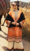 -Embroidered khaddar front -Embroidered khaddar back -Embroidered khaddar sleeves -Embroidered border on khaddar for front and back -Embroidered finishing lace on silk -Embroidered finishing lace for sleeves -Finishing croshette lace -Silk handmade buttons (orange and black) -Khaddar dyed trouser -Khaddar digital printed shawl