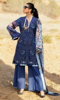 -Chikan and pani embroidered karandi front -Digital printed karandi back -Digital printed karandi sleeves -Embroidered lace for front hemline -Finishing croshette lace -Karandi dyed trouser -Karandi digital printed shawl