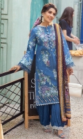 -Chikan embroidered front -Embroidered back -Chikan embroidered sleeves -Chikan embroidered border for front and back -Embroidered lace for trousers -Embroidered buttons -Finishing lace for hemline and neckline -Finishing lace for sleeves -Dyed cotton trouser -Digital silk pure chiffon dupatta