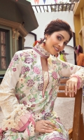 -Cross stitch embroidered front -Cross stitch and chikan embroidered back -Chikan embroidered sleeves -Cross stitch embroidered motifs for sleeves -Border for sleeves -Pani embroidered border for neckline and front hemline -Pani embroidered finishing lace for side slits and trouser -3D flowers -Pink pearls for finishing -Schiffli patch for neckline -Dyed cotton trouser -Digital print pure chiffon dupatta