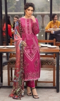 -Chikan and pani embroidered front -Chikan and pani embroidered back -Chikan embroidered sleeves -Embroidered border for front, back and sleeves -3D flowers -Pearls for finishing -Hanging buttons for neckline -Finishing lace for front, back and sleeves -Embroidered motifs for shirt -Embroidered motifs for trouser -Dyed cotton trouser -Digital print pure silk dupatta