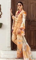 -Chikan embroidered front -Digital printed back and sleeves -Digital print pure chiffon dupatta -Dyed trousers -Embroidered lace for trouser -Embroidered patches for trouser (2) -Embroidered lace for sleeves and neckline -Floral embroidered lace for neckline -Embroidered border on organza for extension -Swarovski for finishings -Buttons for shirt (peach)