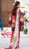 -Digital printed and embroidered front -Digital printed back and sleeves -Digital print pure chiffon dupatta -Dyed trousers -Embroidered patches for sleeves (2) -Embroidered border for hem -Embroidered border for trousers -3D embroidered flowers for shirt -Buttons for finishing (red) -Pearls for 3D flowers