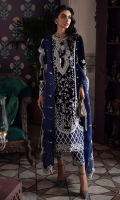-Embroidered and sequined velvet for front panel -Embroidered and sequined velvet for back panel -Embroidered and hand embellished neckline -Embroidered and sequined velvet for side panels -Embroidered and sequined velvet for sleeves -Embroidered and sequined motifs for front and back -Embroidered and sequined border for front and back hem -Embroidered and sequined border for sleeves -Embroidered and sequined border for trouser -Embroidered and sequined patti for side slits -Embroidered and sequined four sided ready to wear organza dupatta -Raw silk trouser -Pearls for finishing