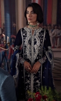 -Embroidered and sequined velvet for front panel -Embroidered and sequined velvet for back panel -Embroidered and hand embellished neckline -Embroidered and sequined velvet for side panels -Embroidered and sequined velvet for sleeves -Embroidered and sequined motifs for front and back -Embroidered and sequined border for front and back hem -Embroidered and sequined border for sleeves -Embroidered and sequined border for trouser -Embroidered and sequined patti for side slits -Embroidered and sequined four sided ready to wear organza dupatta -Raw silk trouser -Pearls for finishing