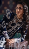 -Embroidered and sequined velvet for front panel -Embroidered and sequined velvet for back panel -Embroidered and hand embellished neckline -Embroidered and sequined velvet for side panels -Embroidered and sequined velvet for sleeves -Embroidered and sequined motifs for front and back -Embroidered and sequined border for front and back hem -Embroidered and sequined border for sleeves -Embroidered and sequined border for trouser -Embroidered and sequined patti for side slits -Embroidered and sequined four sided ready to wear organza dupatta -Raw silk trouser -Pearls for finishing