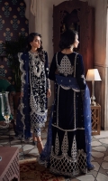 -Embroidered and sequined velvet for front panel -Embroidered and sequined velvet for back panel -Embroidered and hand embellished neckline -Embroidered and sequined velvet for side panels -Embroidered and sequined velvet for sleeves -Embroidered and sequined motifs for front and back -Embroidered and sequined border for front and back hem -Embroidered and sequined border for sleeves -Embroidered and sequined border for trouser -Embroidered and sequined patti for side slits -Embroidered and sequined four sided ready to wear organza dupatta -Raw silk trouser -Pearls for finishing
