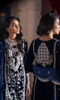 -Embroidered and sequined velvet for front panel -Embroidered and sequined velvet for back panel -Embroidered and hand embellished neckline -Embroidered and sequined velvet for side panels -Embroidered and sequined velvet for sleeves -Embroidered and sequined motifs for front and back -Embroidered and sequined border for front and back hem -Embroidered and sequined border for sleeves -Embroidered and sequined border for trouser -Embroidered and sequined patti for side slits -Embroidered and sequined four sided ready to wear organza dupatta -Raw silk trouser -Pearls for finishing