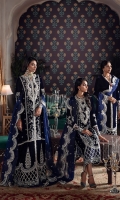 -Embroidered and sequined velvet for front panel -Embroidered and sequined velvet for back panel -Embroidered and hand embellished neckline -Embroidered and sequined velvet for side panels -Embroidered and sequined velvet for sleeves -Embroidered and sequined motifs for front and back -Embroidered and sequined border for front and back hem -Embroidered and sequined border for sleeves -Embroidered and sequined border for trouser -Embroidered and sequined patti for side slits -Embroidered and sequined four sided ready to wear organza dupatta -Raw silk trouser -Pearls for finishing