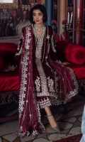 -Embroidered and hand embellished velvet for front -Embroidered and hand embellished velvet for back -Embroidered and hand embellished velvet sleeves -Embroidered and hand embellished sleeves cuff -Embroidered and sequined patti for front -Embroidered and hand embellished motifs for side slits -Embroidered and sequined patch for side slits -Embroidered and sequined patti for side slits -Embroidered and sequined border for trouser -Embroidered, sequined and pearl embellished four sided ready to wear organza dupatta -Raw silk trouser -Pearls for finishing
