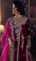 -Embroidered and sequined velvet for front, back and sleeves -Embroidered and sequined velvet for side panels -Embroidered and hand embellished neckline -Embroidered and hand embellished back neckline -Embroidered and sequined border for hem -Embroidered and sequined border for sleeves -Embroidered and sequined patti for finishing -Embroidered and sequined four sided ready to wear organza dupatta -Raw silk trouser -Hand made tassels -Pearls for finishing