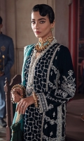 -Embroidered, sequined and pearl embellished velvet for front panel -Embroidered, sequined and hand embellished velvet for back panel -Embroidered and hand embellished neckline patti -Hand embellished neckline motif -Embroidered and sequined velvet for front and back side panels -Embroidered and sequined velvet for sleeves -Embroidered and sequined border for front and back -Embroidered and sequined patti for side slits -Embroidered and sequined ready to wear chata patti organza dupatta with four sided border -Raw silk trouser -Pearls for finishing