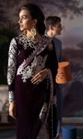 -Sequined velvet for front yoke -Plain velvet for back yoke -Plain velvet -Hand embellished front neckline -Hand embellished back neckline -Hand embellished motifs -Embroidered and sequined border for hem -Embroidered and sequined motifs for sleeves -Embroidered and sequined patti on silk -Embroidered and sequined patti 2 on silk -Sequined border for dupatta/sari -Embroidered and sequined net dupatta -Raw silk trouser -Pearls for finishing