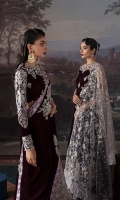 -Sequined velvet for front yoke -Plain velvet for back yoke -Plain velvet -Hand embellished front neckline -Hand embellished back neckline -Hand embellished motifs -Embroidered and sequined border for hem -Embroidered and sequined motifs for sleeves -Embroidered and sequined patti on silk -Embroidered and sequined patti 2 on silk -Sequined border for dupatta/sari -Embroidered and sequined net dupatta -Raw silk trouser -Pearls for finishing