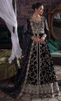 -Embroidered, sequined and hand embellished velvet for front yoke -Embroidered and sequined velvet for back yoke -Embroidered and sequined velvet for front and back -Plain velvet for sleeves -Embroidered and sequined border for front and back hem -Embroidered and sequined patti for finishing -Embroidered and sequined patti for yoke -Embroidered and sequined motifs for sleeves -Embroidered and sequined border for sleeves -Embroidered, sequined and pearl embellished ready to wear four sided organza dupatta -Raw silk trousers -Pearls for finishing