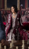 -Embroidered and hand embellished velvet for front -Embroidered and hand embellished velvet for back -Embroidered and hand embellished velvet sleeves -Embroidered and hand embellished sleeves cuff -Embroidered and sequined patti for front -Embroidered and hand embellished motifs for side slits -Embroidered and sequined patch for side slits -Embroidered and sequined patti for side slits -Embroidered and sequined border for trouser -Embroidered, sequined and pearl embellished four sided ready to wear organza dupatta -Raw silk trouser -Pearls for finishing