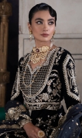 -Embroidered, sequined and hand embellished velvet for front yoke -Embroidered and sequined velvet for back yoke -Embroidered and sequined velvet for front and back -Plain velvet for sleeves -Embroidered and sequined border for front and back hem -Embroidered and sequined patti for finishing -Embroidered and sequined patti for yoke -Embroidered and sequined motifs for sleeves -Embroidered and sequined border for sleeves -Embroidered, sequined and pearl embellished ready to wear four sided organza dupatta -Raw silk trousers -Pearls for finishing