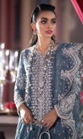 -Embroidered, sequined and hand embellished velvet for front -Embroidered and sequined and hand embellished velvet for back -Embroidered and sequined velvet sleeves -Embroidered and hand embellished cuffs -Embroidered and sequined border for front and back hem -Embroidered and sequined patti for side slits -Embroidered, sequined and pearl embellished ready to wear four sided organza dupatta -Raw silk trousers -Hand made tassels -Pearls for finishing