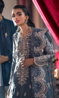 -Embroidered, sequined and hand embellished velvet for front -Embroidered and sequined and hand embellished velvet for back -Embroidered and sequined velvet sleeves -Embroidered and hand embellished cuffs -Embroidered and sequined border for front and back hem -Embroidered and sequined patti for side slits -Embroidered, sequined and pearl embellished ready to wear four sided organza dupatta -Raw silk trousers -Hand made tassels -Pearls for finishing