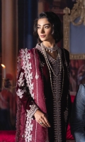 -Embroidered and hand embellished velvet for front -Embroidered and hand embellished velvet for back -Embroidered and hand embellished velvet sleeves -Embroidered and hand embellished sleeves cuff -Embroidered and sequined patti for front -Embroidered and hand embellished motifs for side slits -Embroidered and sequined patch for side slits -Embroidered and sequined patti for side slits -Embroidered and sequined border for trouser -Embroidered, sequined and pearl embellished four sided ready to wear organza dupatta -Raw silk trouser -Pearls for finishing