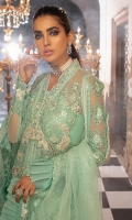 -Chikan and pearl embroidered front panels on chiffon with hand embellishments -Chikan and pani embroidered back motif -Chika and pani embroidered patches for front and back (left and right) -Chikan and pani embroidered sleeves motifs -Chikan and pani embroidered sleeves lace -Chikan embroidered lace for back panels -Pani embroidered patti for neckline -Pani embroidered net dupatta with borders -Criss cross finishing lace for shirt -Pearls for finishing -Dyed chiffon for back, sleeves and front side panels -Cotton silk undershirt -Raw silk trousers