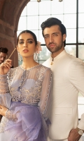-Chikan and pani embroidered chiffon front with hand embellishments -Chikan and pani embroidered back motif -Chikan and pani embroidered motifs for front and back waist (4) -Chikan and pani embroidered L-shaped motifs front and back (4) -Chikan and pani embroidered motifs for front, back and sleeves -Chikan and pani embroidered border for sleeves and trousers -Hand embellished thread tassels for front -Neckline tassels -Silk buttons for sleeves -Pearls for finishing -Dyed chiffon for back and sleeves -Sequinned embroidered net dupatta with pearl spray and 4 side finishings -Cotton silk undershirt -Raw silk trousers