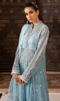 -Chikan embroidered and embellished neckline -Chikan embroidered and embellished bodice -Embroidered chiffon for front and back -Dyed chiffon for sleeves -Pani and chikan embroidered border for ghaira -Pani and chikan embroidered motifs for front and back ghaira -Pani embroidered lace for ghaira -Pani and chikan embroidered lace for sleeves -Pani embroidered patti for front and back panels and ghaira -Pani and chikan embroidered back motif -Embroidered organza dupatta -Pani and chikan embroidered motifs for dupatta -Pani embroidered dupatta border for two side -Finishing lace for sleeves -Finishing border lace for sleeves -Cotton silk undershirt -Raw silk trousers