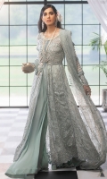 -Hand embellished neckline -Pani embroidered bodice on chiffon -Embroidered chiffon for front -Embroidered chiffon for back -Pani embroidered border for front and back ghaira and sleeves -Hand embellished 3D motif -Pani embroidered patti for panels and finishing -Embroidered back motif -Sequinned embroidered dupatta -Pearls for finishing -Dyed chiffon for sleeves -Finishing lace for sleeves -Cotton silk undershirt -Raw silk trousers