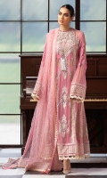 -Chikan and pani embroidered and hand embellished neckline -Chikan and pani embroidered back motif -Chikan and pani embroidered panel for front -Chikan and pani embroidered motifs for front and back ghaira -Pani embroidered border for front and back ghaira and sleeves -Pani embroidered patti for front and back panels -Dyed chiffon for front, back and sleeves -Sequinned embroidered net dupatta with borders and finishings -Finishing lace for sleeves and ghaira -Finishing lace for front and back panels -Cotton silk undershirt -Raw silk trousers