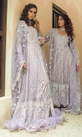 -Embroidered, sequinned and pani embellished front and back on net -Embroidered, sequinned and pani embellished sleeves on net -Embroidered and hand embellished neckline -Embroidered, sequinned and pani embellished border for front and back -Embroidered, pani and pearl embellished net dupatta -Finishing lace for panels -Embroidered 3D flowers for back -Dyed Jamawar Lehnga -Cotton silk undershirt -Pearls for finishing -Drops for finishing