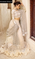 -Double sequinned net for lehnga/saree palu -Sequinned net for dupatta/saree -Pani embroidered, sequinned and hand embellished organza for front yoke -Dyed organza for back yoke -Embroidered, sequinned and pani embellished border for lehnga/saree -Embroidered, sequinned and pani embellished sleeves on organza -Pani embroidered and sequinned motifs for lehnga/saree -Raw silk lining for lehnga/saree -Cotton silk undershirt -Kiran lace for dupatta -3D sequinned flowers for lehnga/saree -Drops for shirt finishing